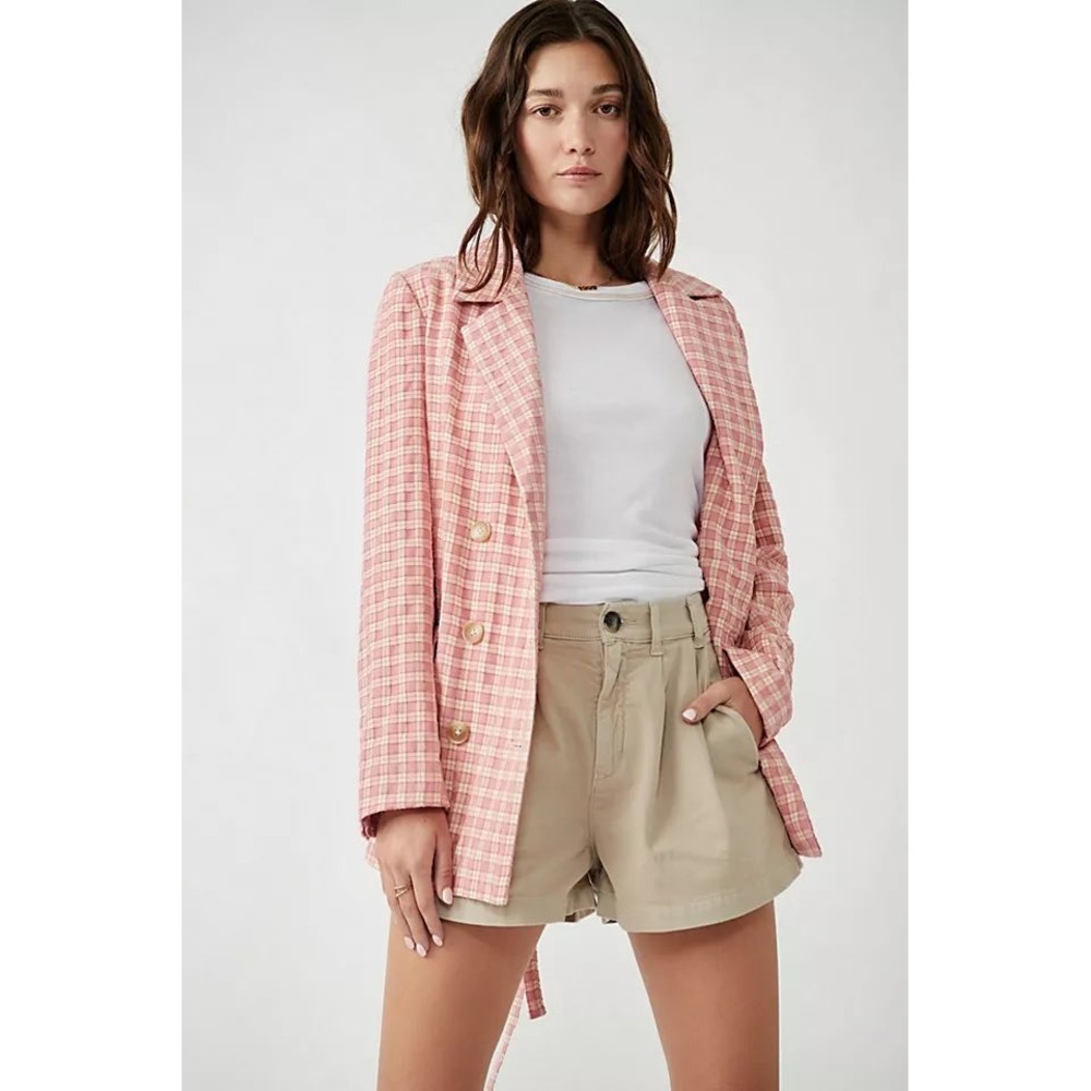 NEW Free People Olivia Pink Plaid Double Breasted Belted Blazer XL Oversized
